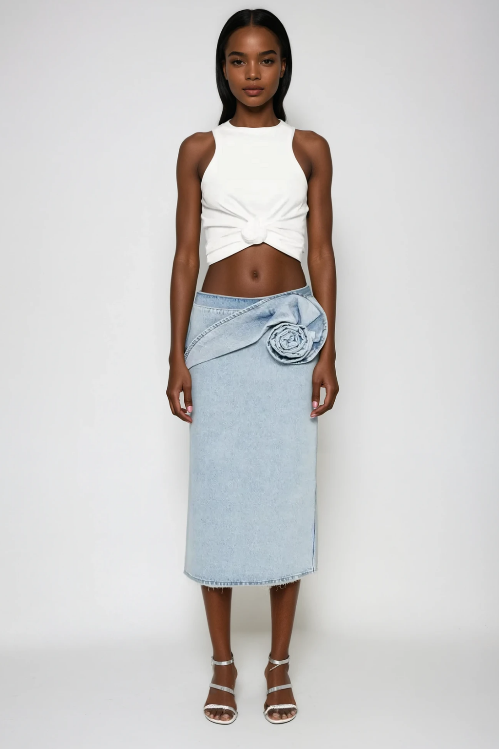 Bernd Flower Deconstruct Denim Midi Skirt