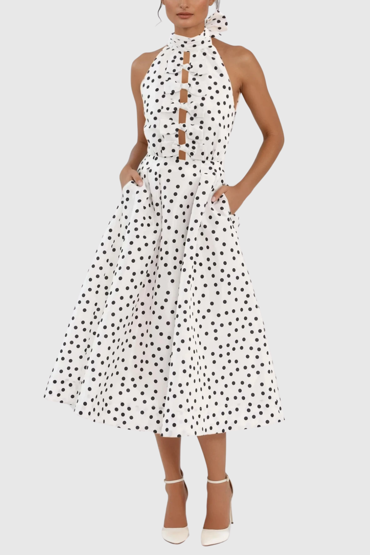 Berry Halter Neck Dot Bow Midi Dress