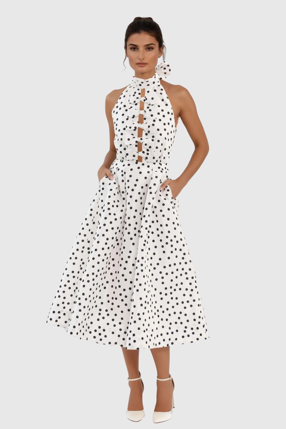 Berry Halter Neck Dot Bow Midi Dress