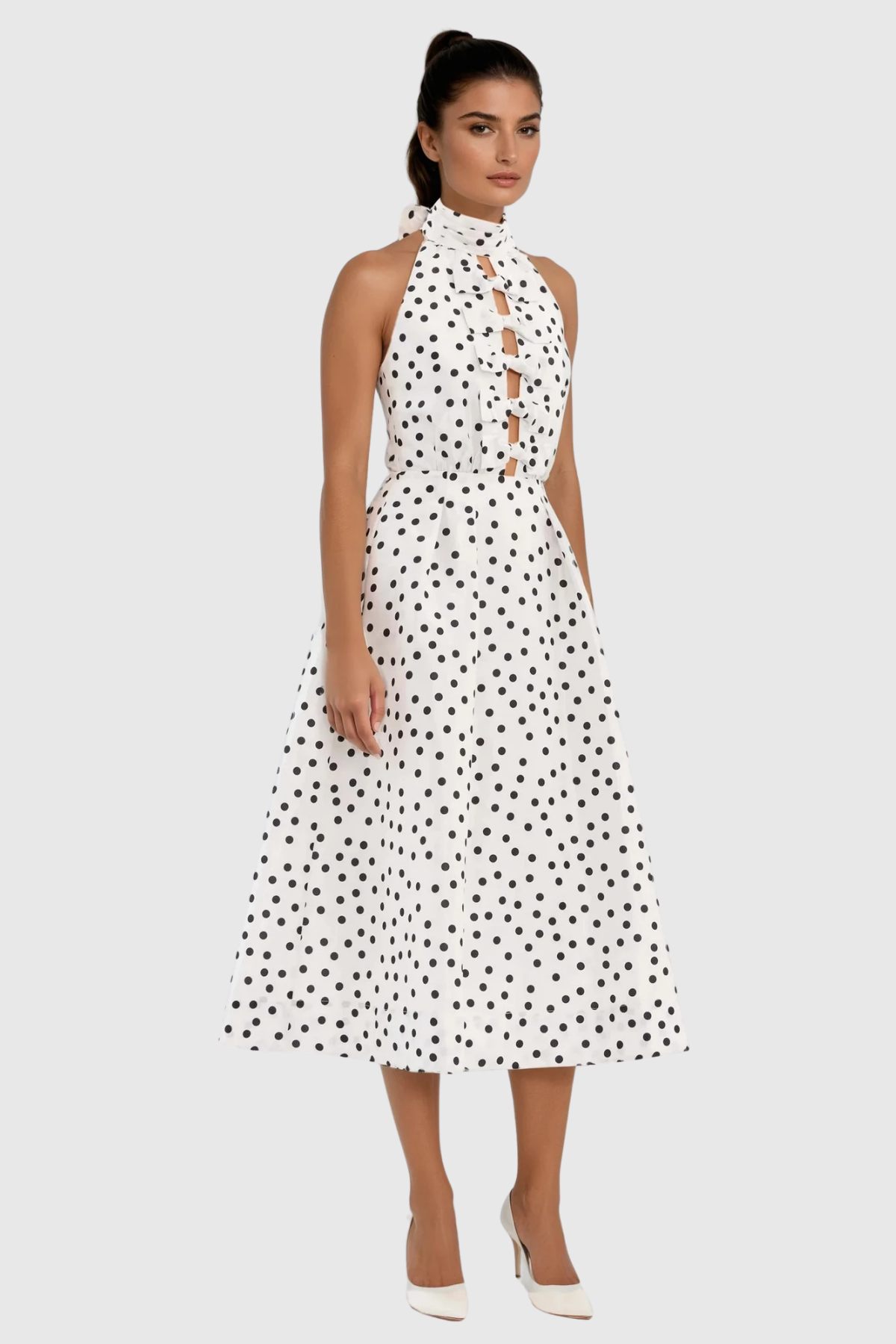 Berry Halter Neck Dot Bow Midi Dress