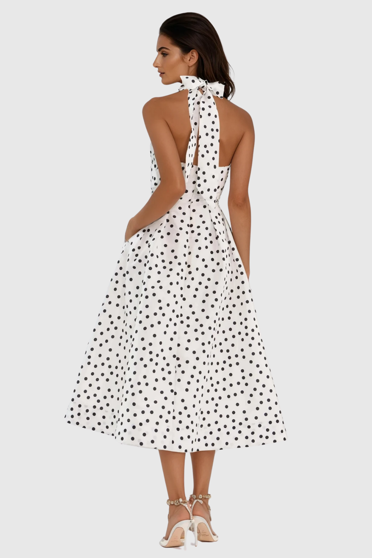 Berry Halter Neck Dot Bow Midi Dress