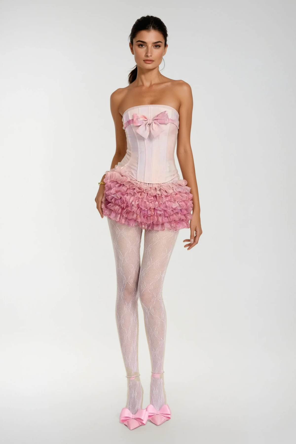 Bert Strapless Bow Mesh Ruffle Skirt Set