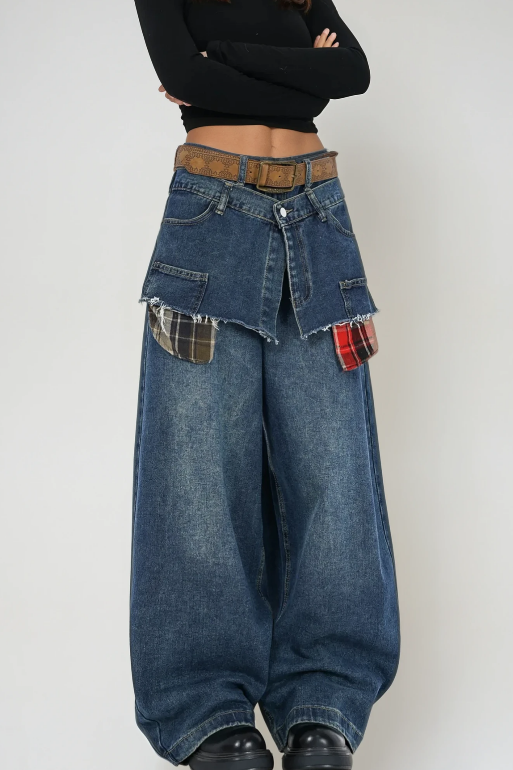 Bertie Deconstruct Plaid Wide Jeans
