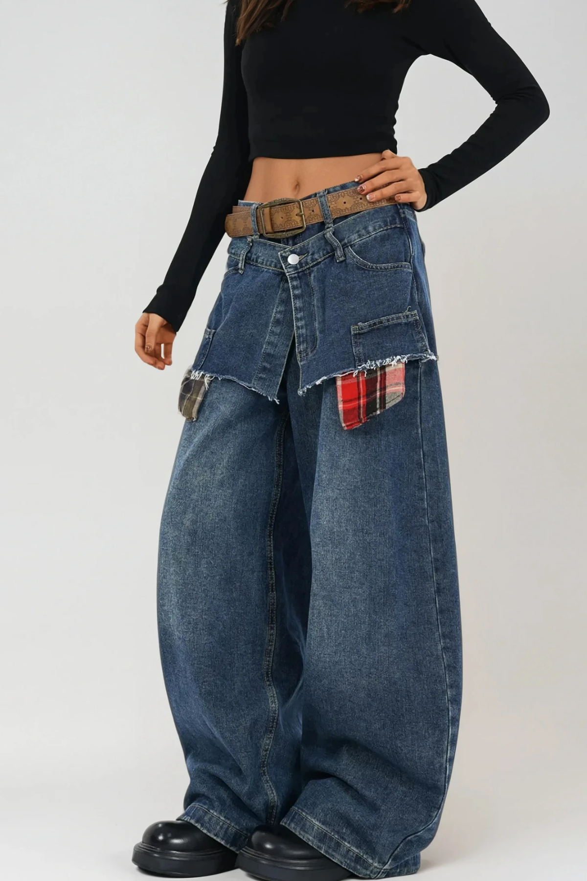 Bertie Deconstruct Plaid Wide Jeans