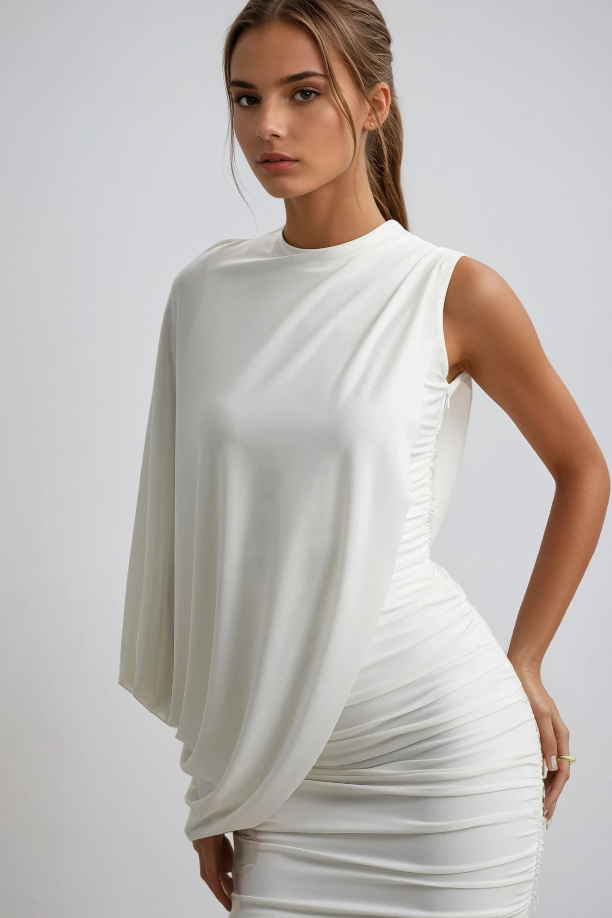 Beryl Asymmetric Shawl Ruched Mini Dress In White