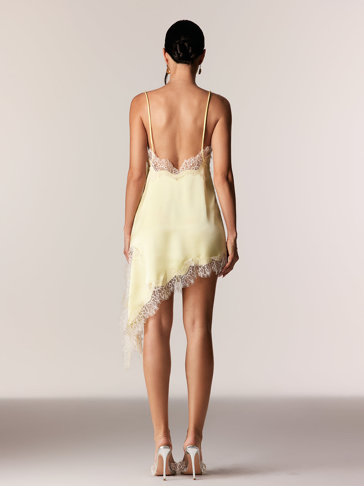 Bess Lace Asymmetric Mini Dress In Yellow