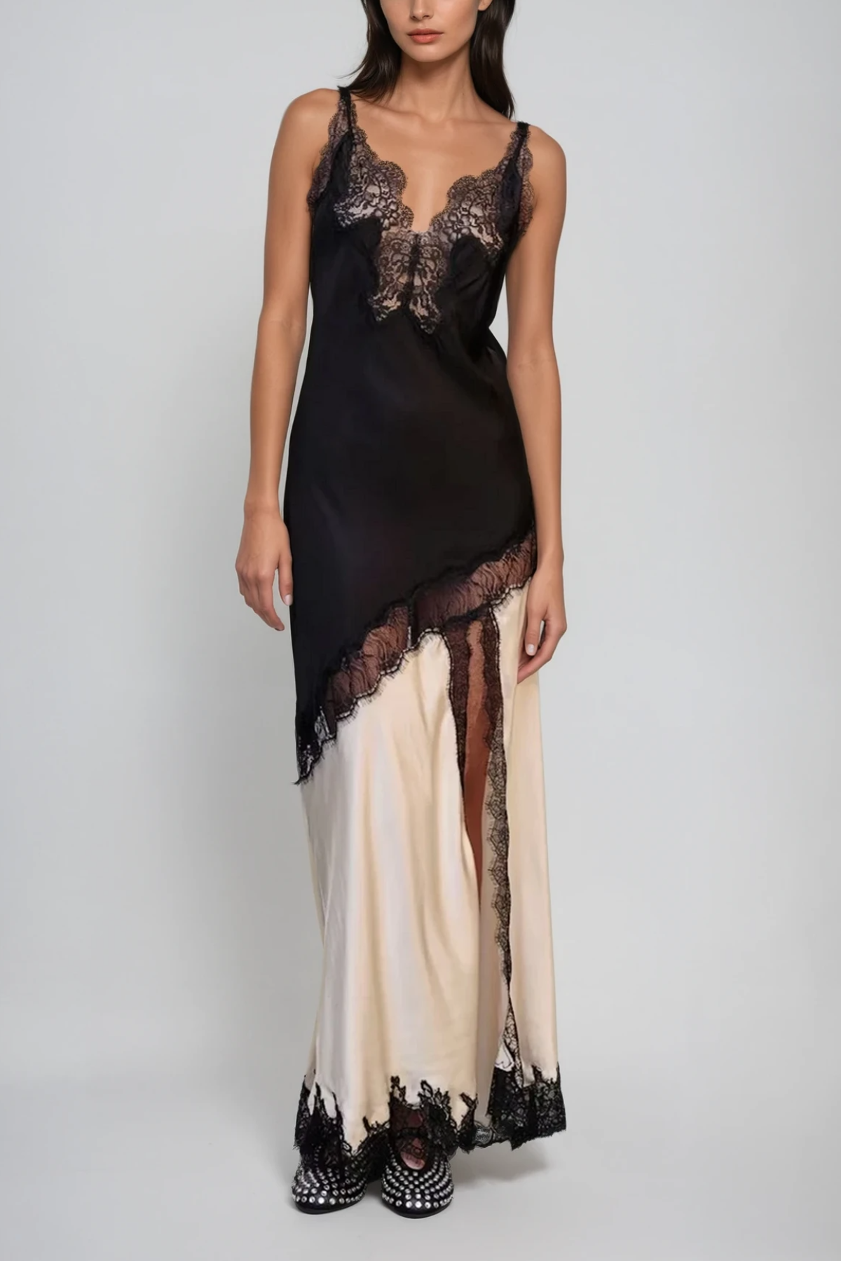 Bess Lace Plunge Satin Maxi Dress