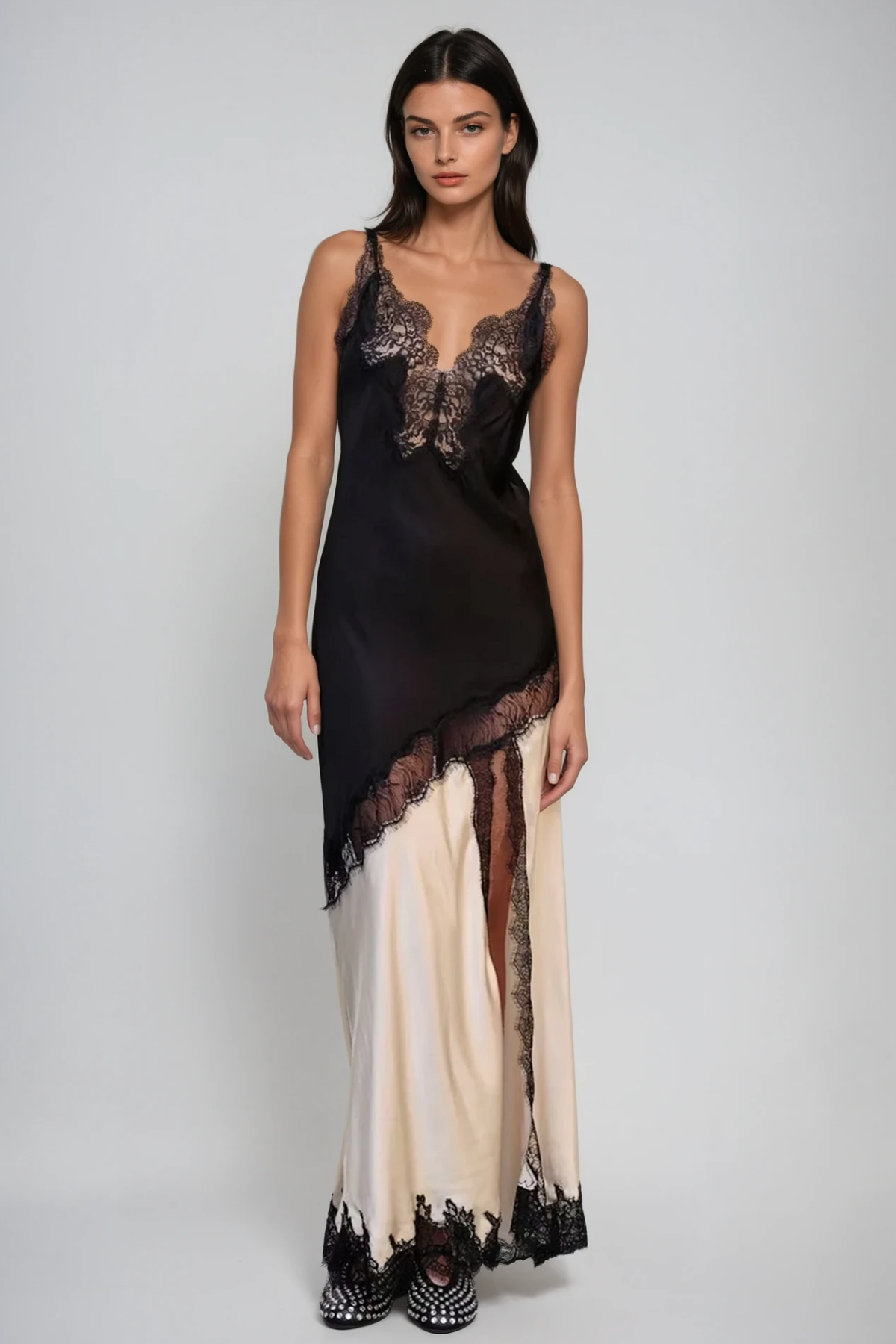 Bess Lace Plunge Satin Maxi Dress