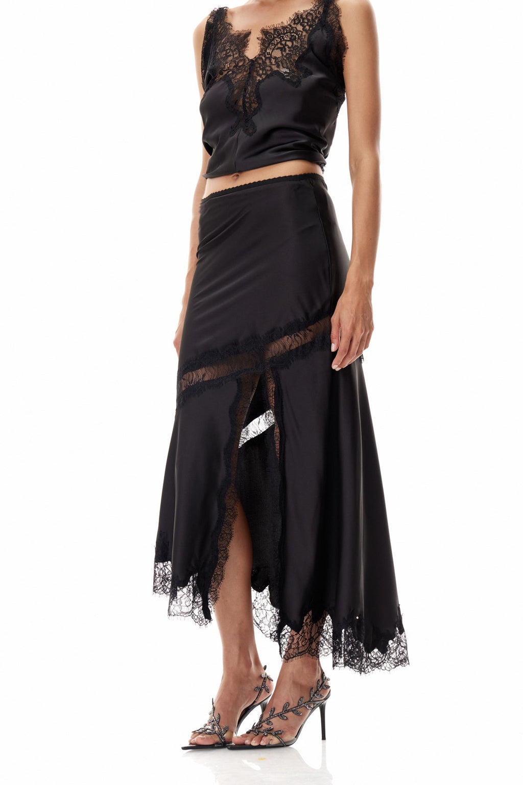 Bess Lace Satin Skirt In Black