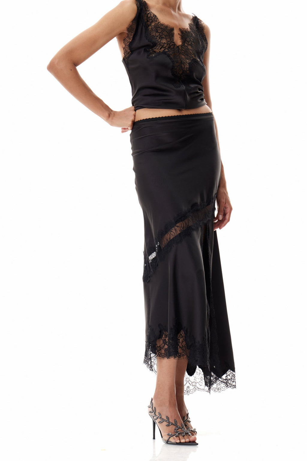 Bess Lace Satin Skirt In Black