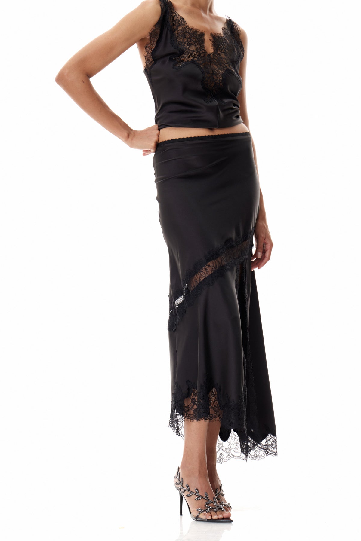 Bess Lace Satin Skirt In Black