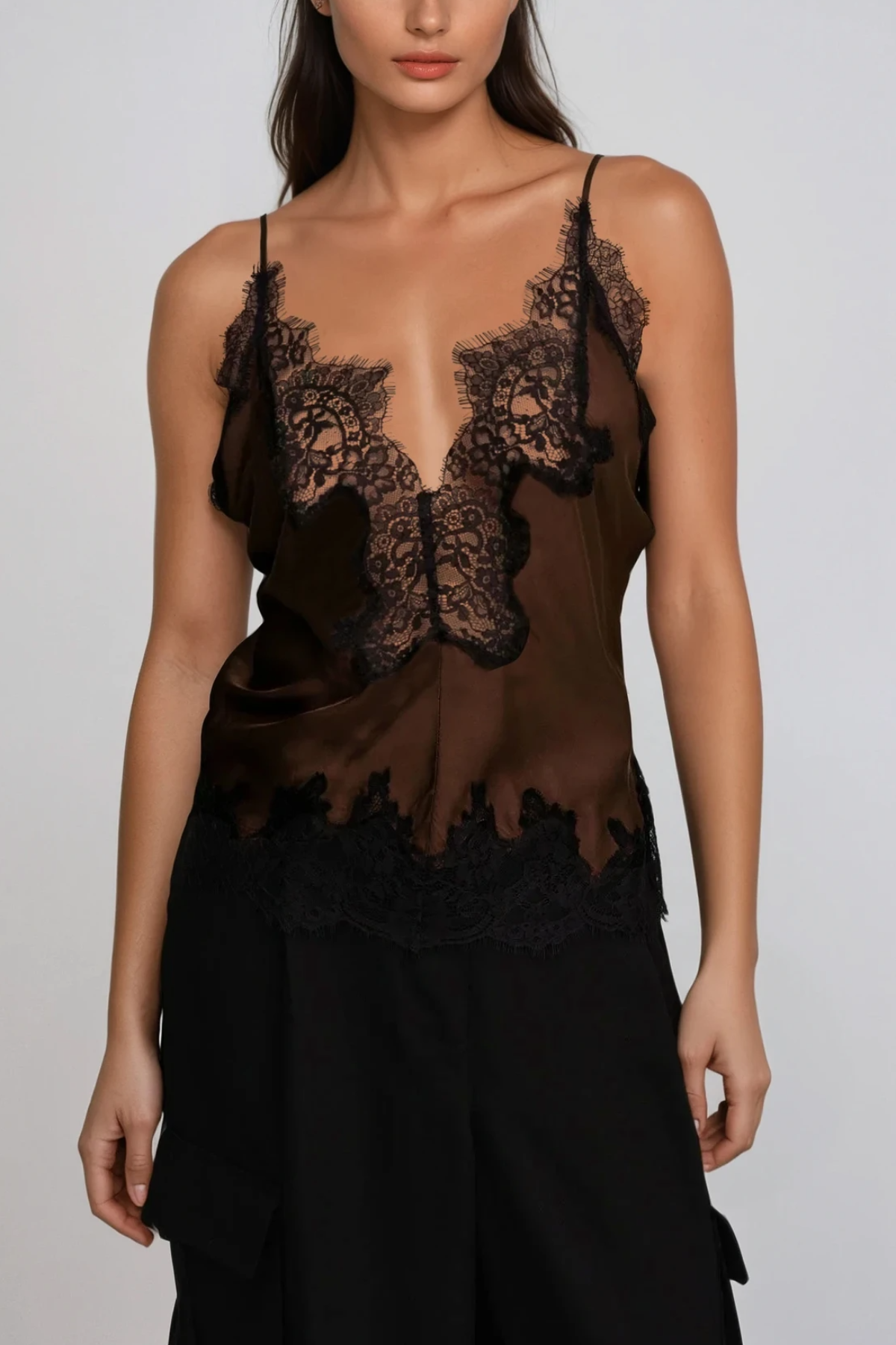 Bess Lace Satin Top In Brown