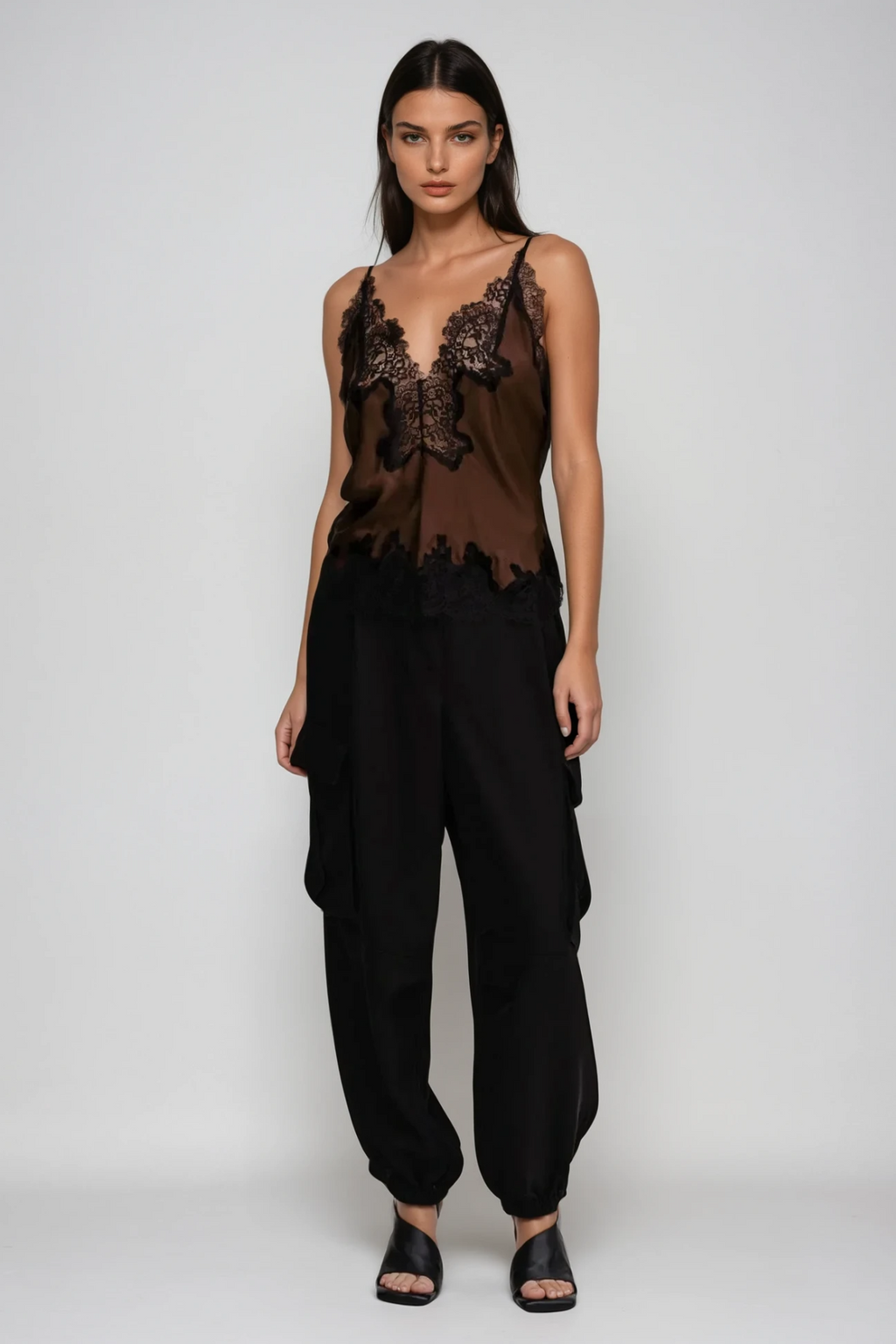Bess Lace Satin Top In Brown