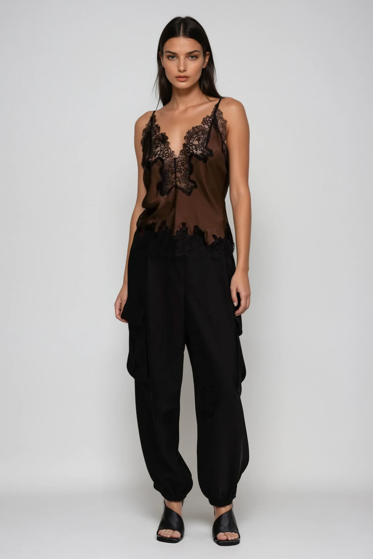 Bess Lace Satin Top In Brown