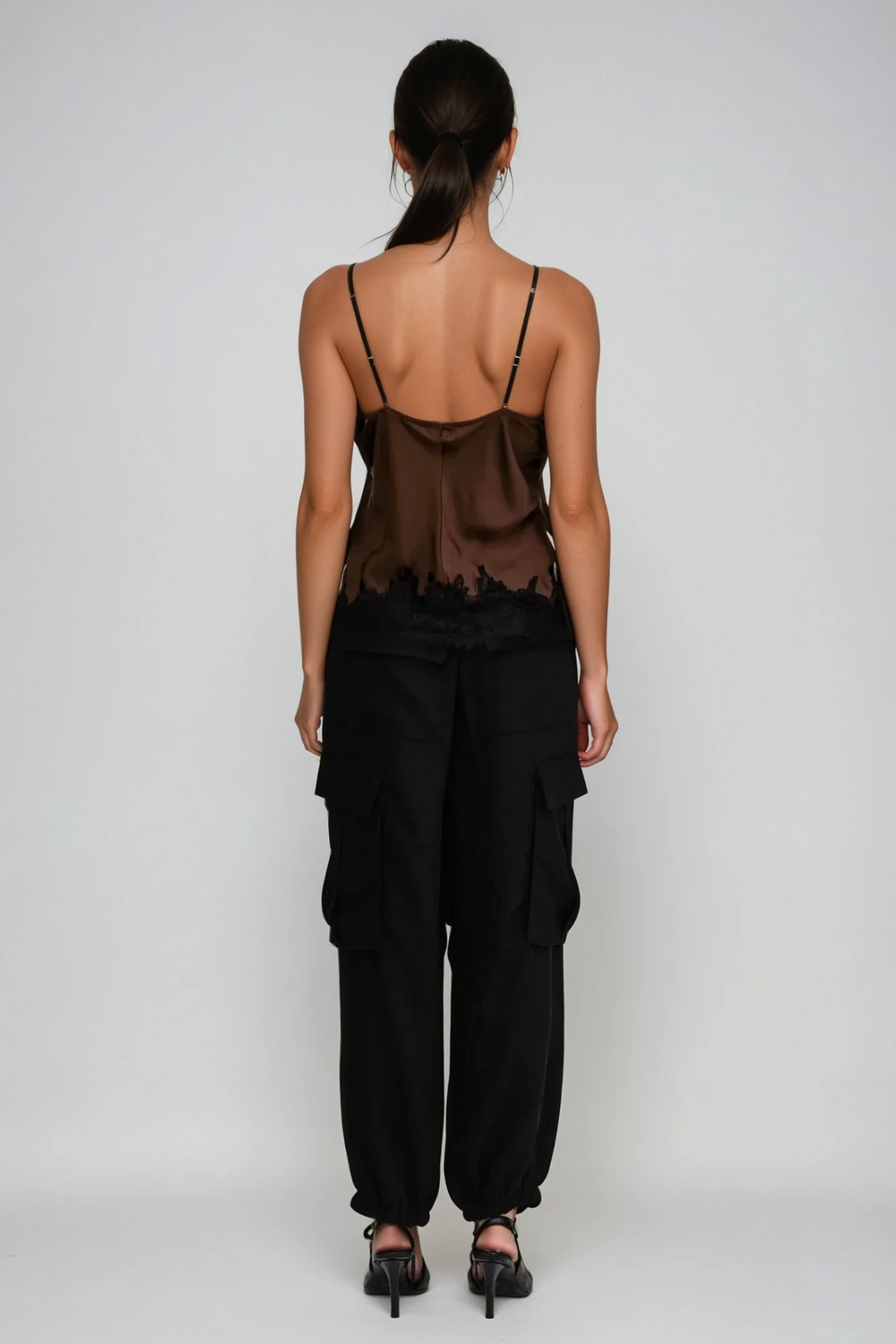 Bess Lace Satin Top In Brown