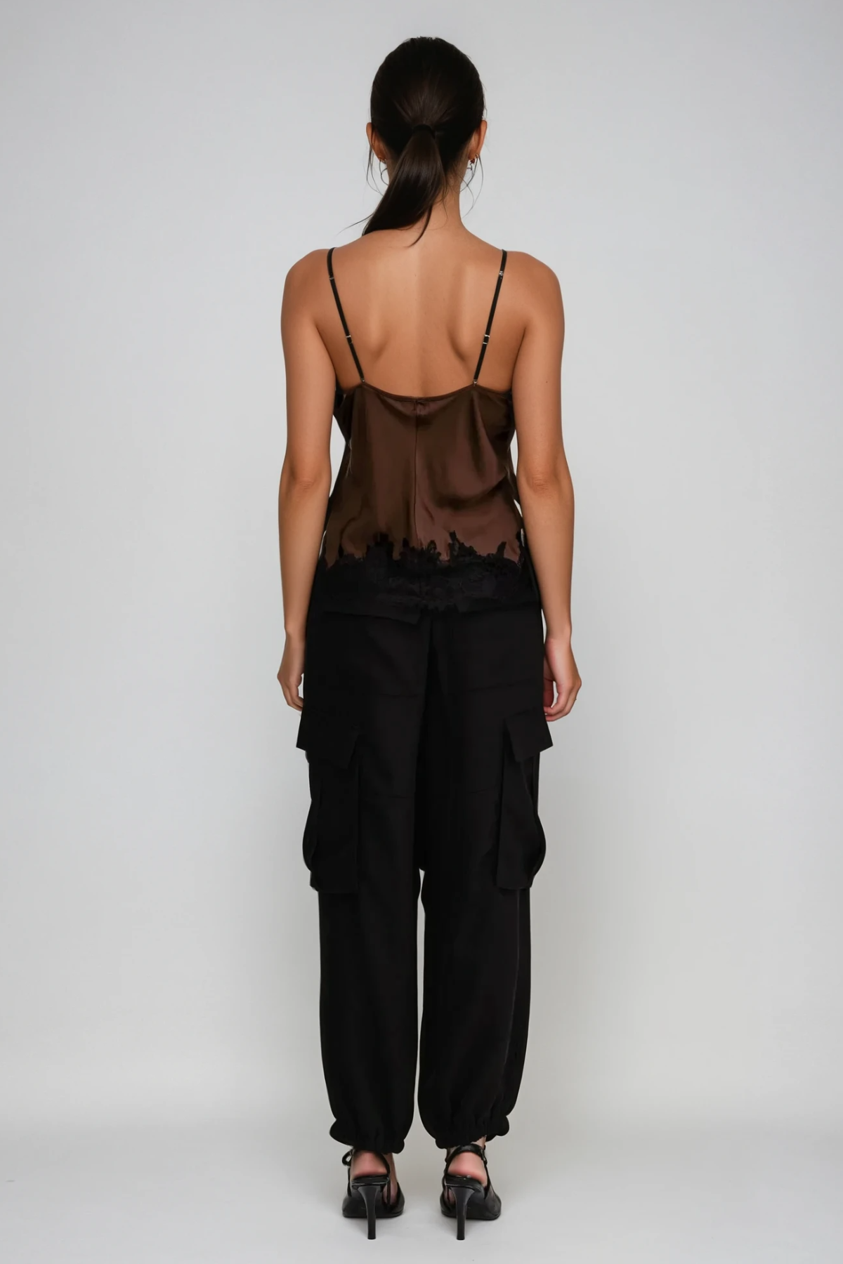 Bess Lace Satin Top In Brown