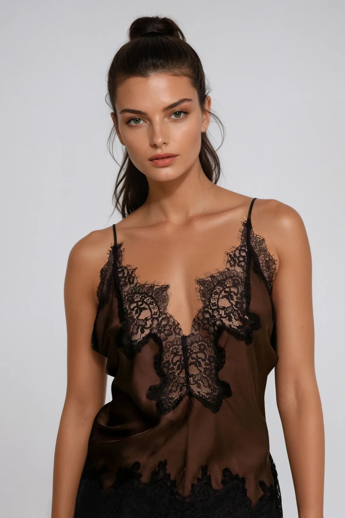 Bess Lace Satin Top In Brown
