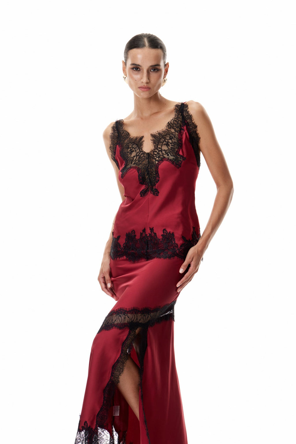 Bess Lace Satin Top In Red