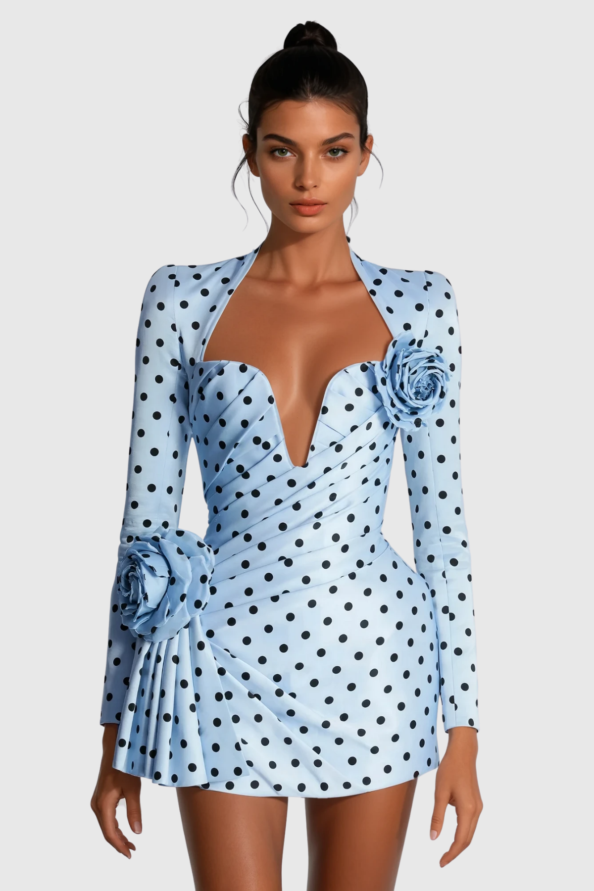 Biaggio Dot Flower Ruch Mini Dress In Blue