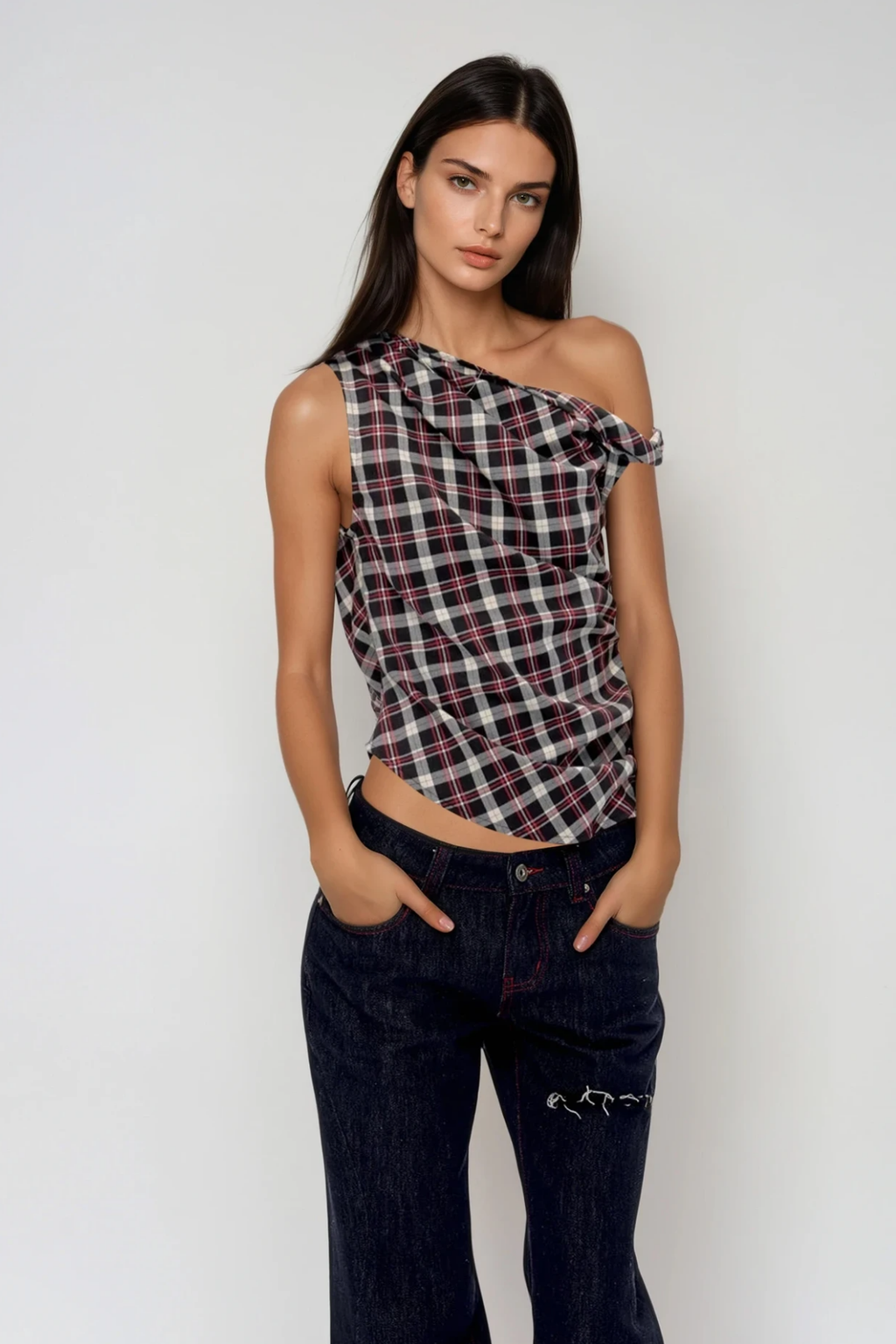 Bianca Grid One Shouder Ruch Top In Black