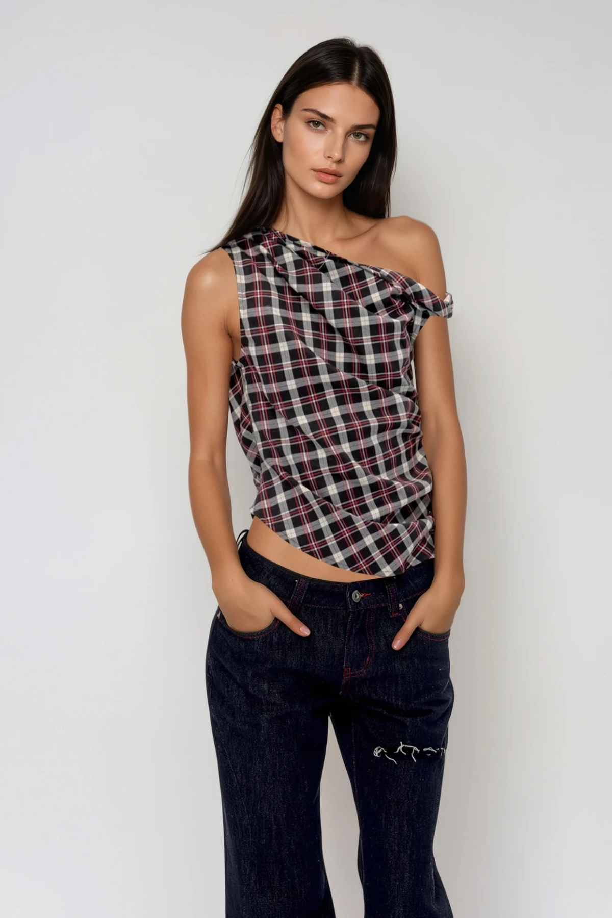 Bianca Grid One Shouder Ruch Top In Black
