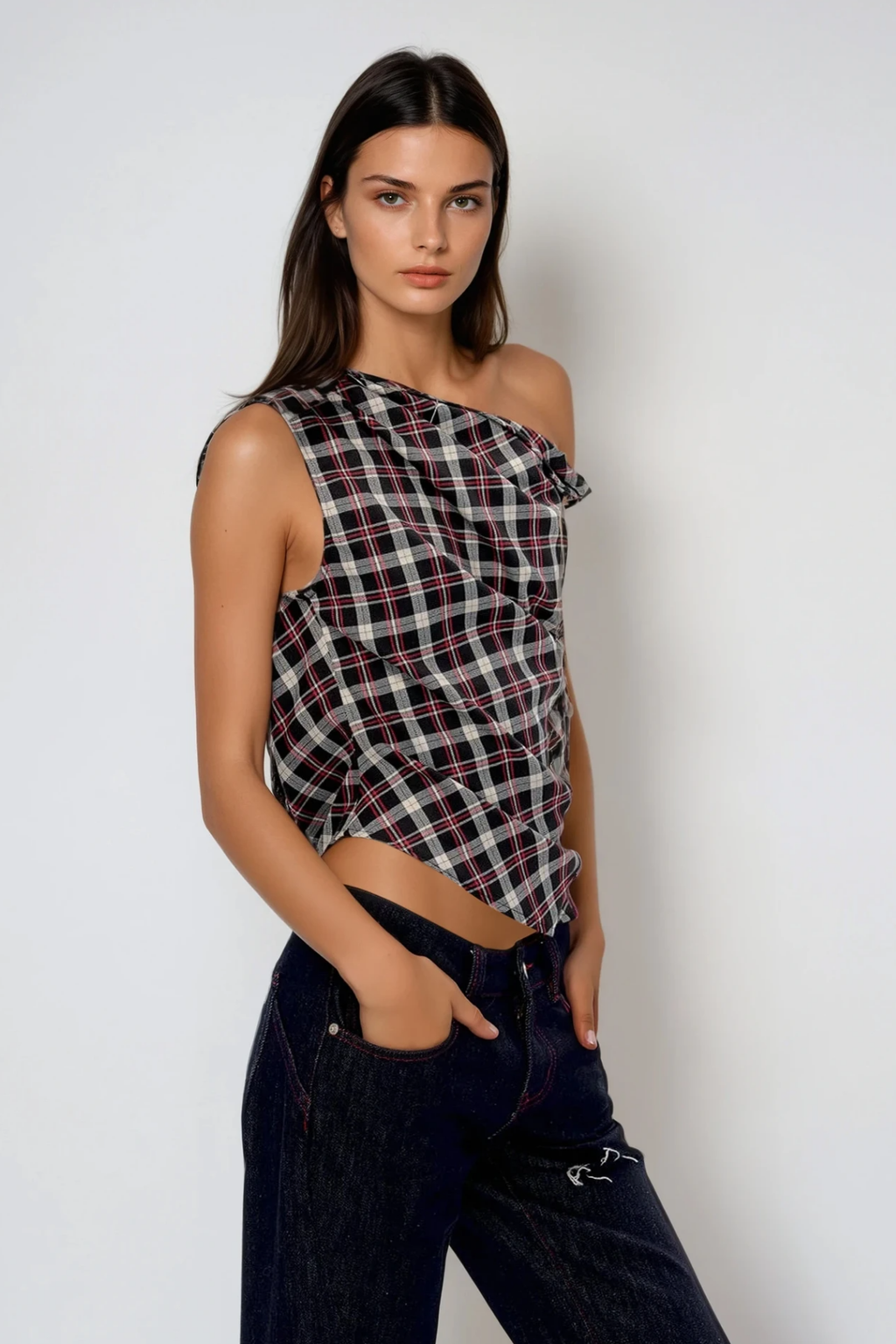 Bianca Grid One Shouder Ruch Top In Black