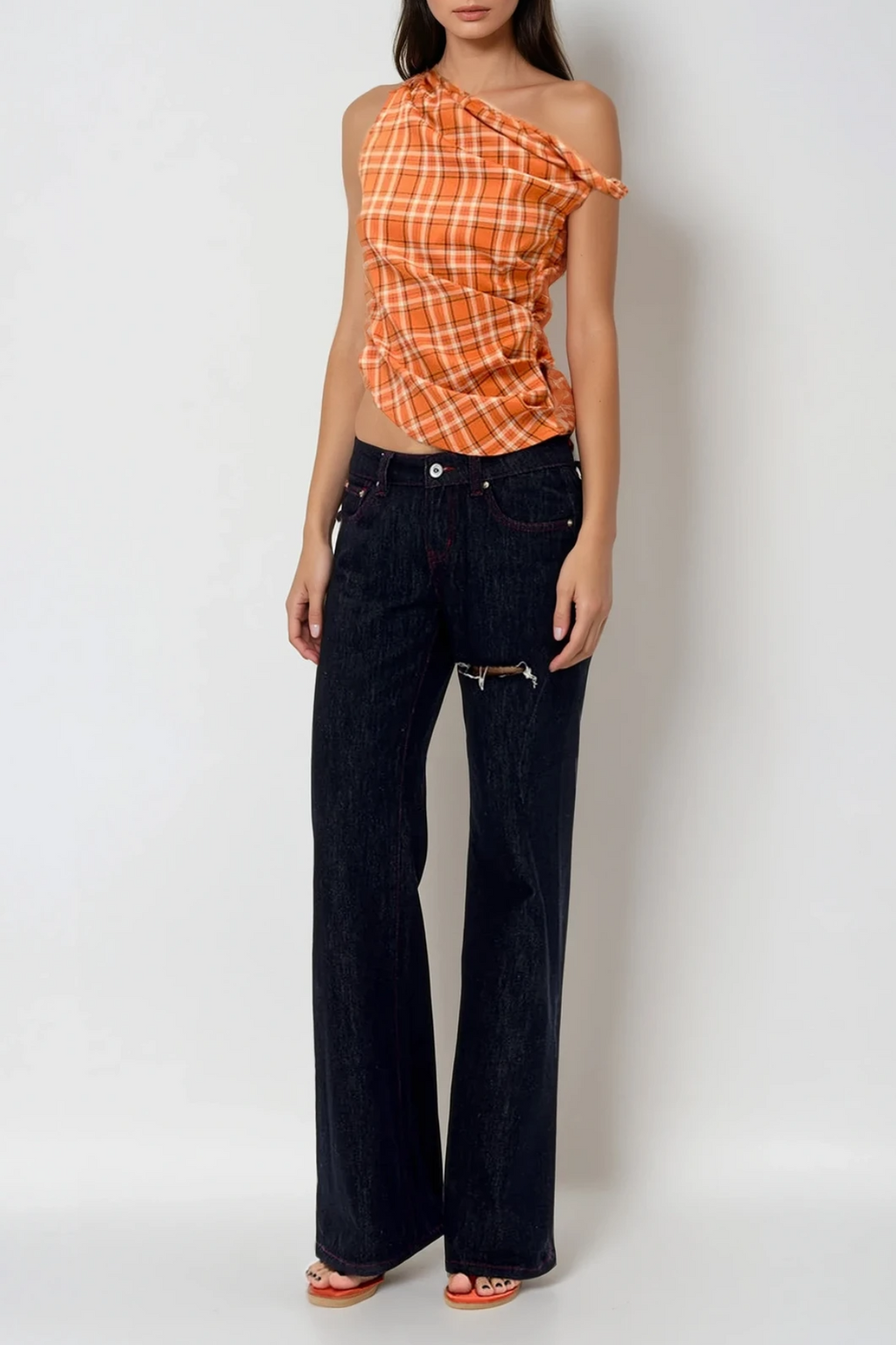 Bianca Grid One Shouder Ruch Top In Orange