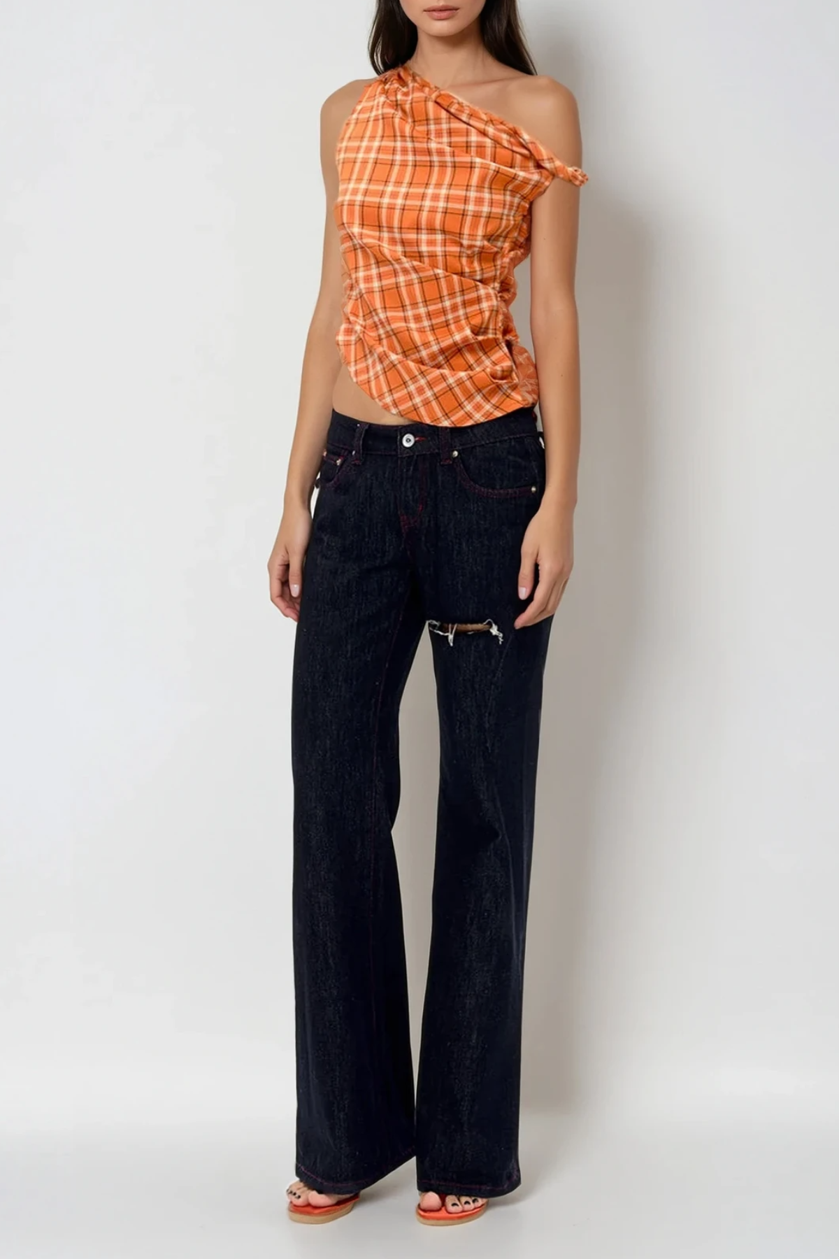 Bianca Grid One Shouder Ruch Top In Orange
