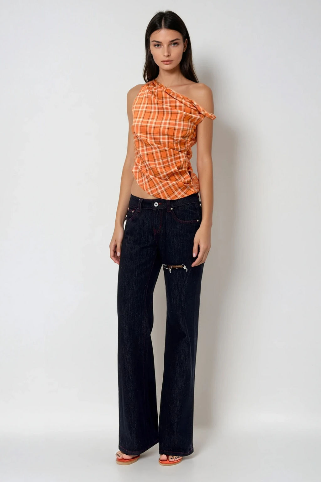 Bianca Grid One Shouder Ruch Top In Orange