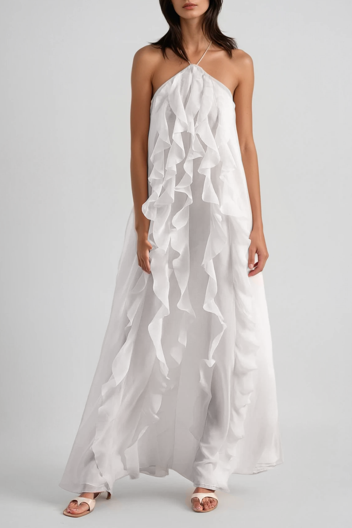 Bice Ruffle Mesh Backless Maxi Dress