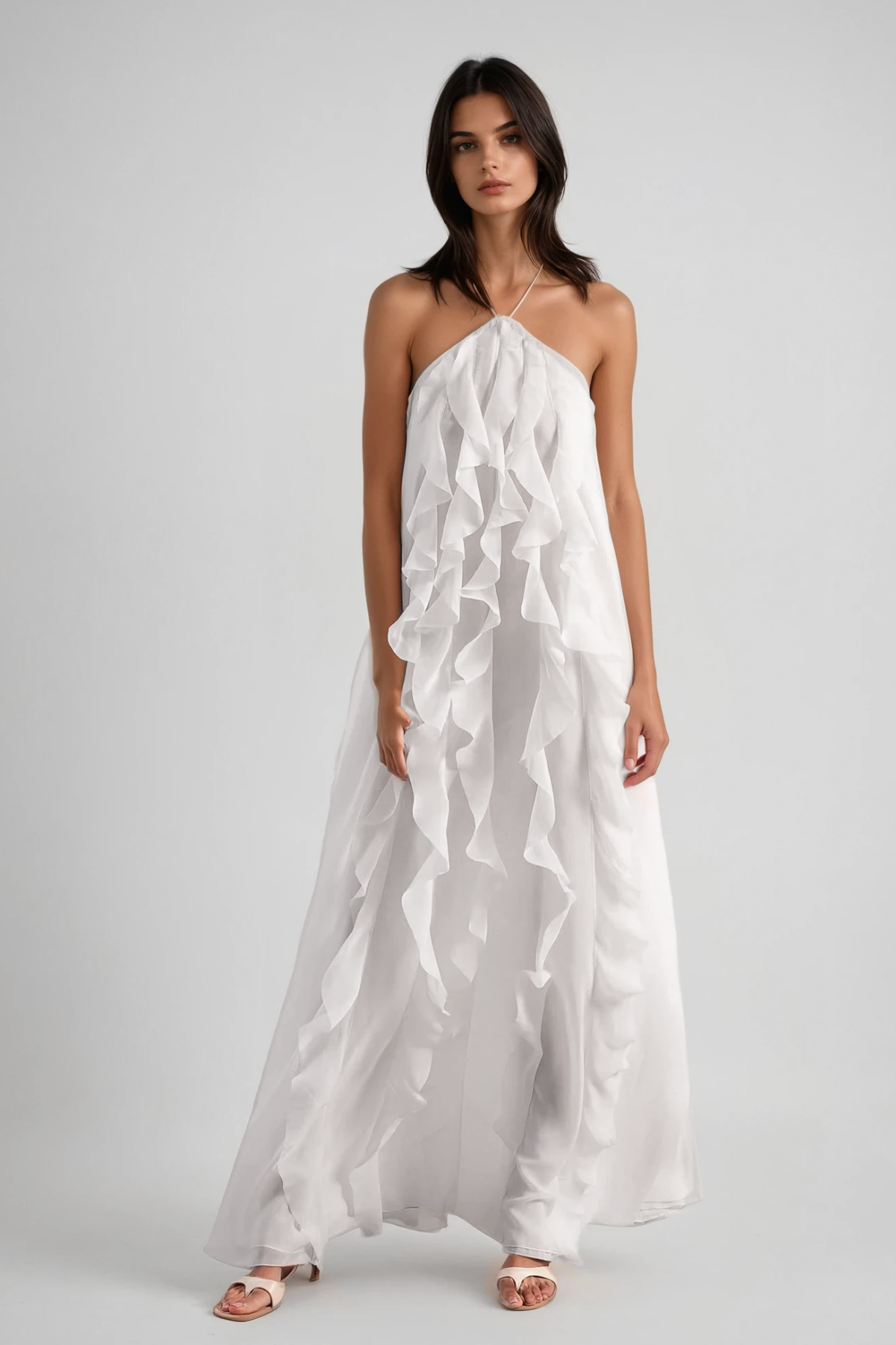 Bice Ruffle Mesh Backless Maxi Dress