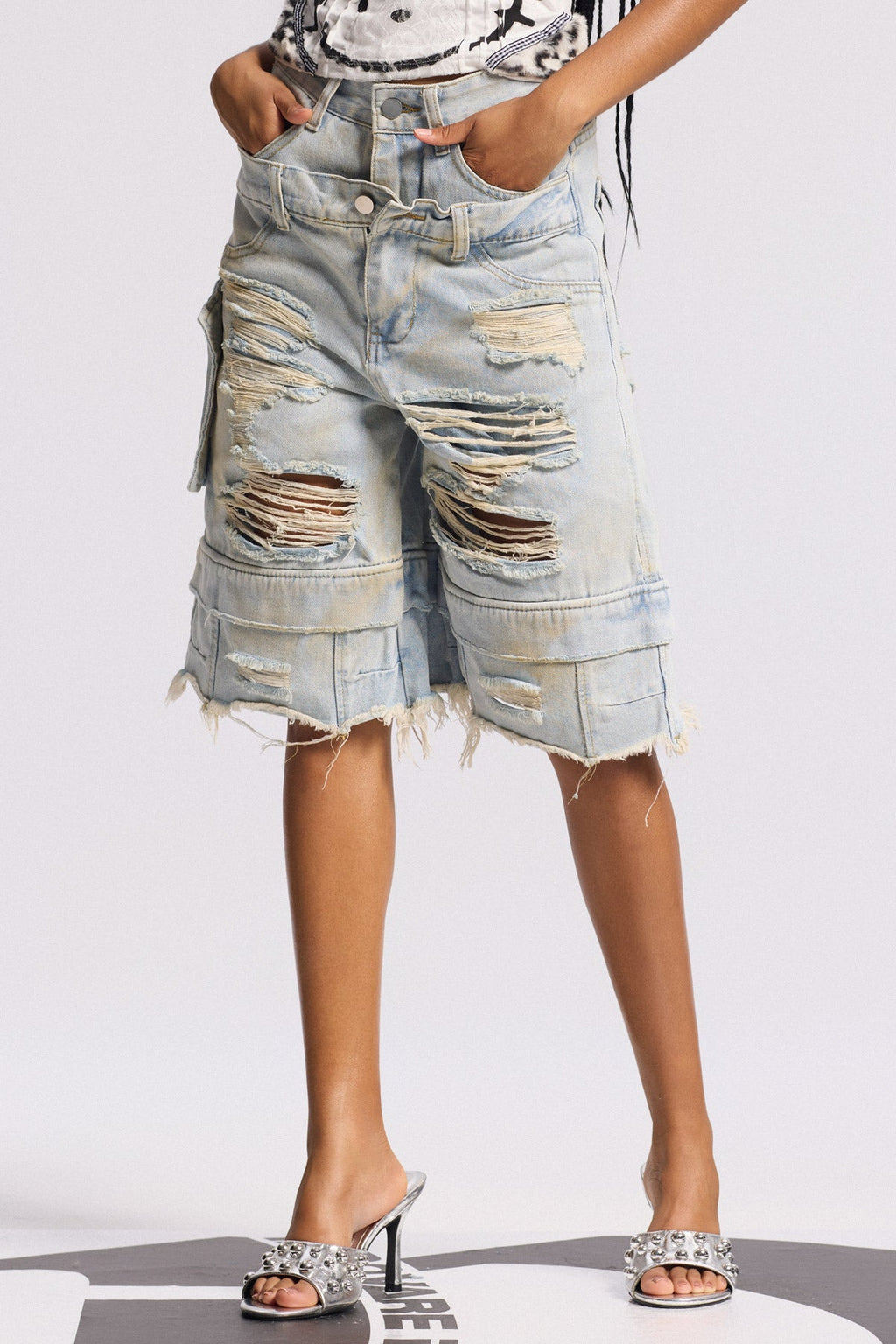 Bijay Deconstruct Ripped Bleached Midi Jeans