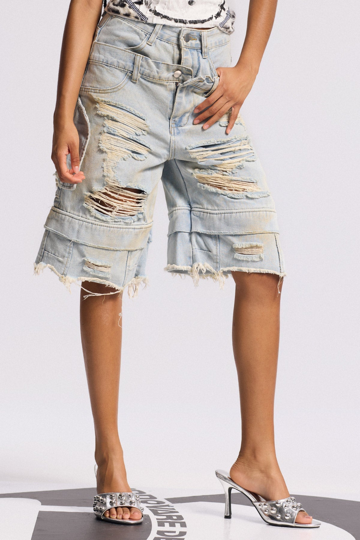 Bijay Deconstruct Ripped Bleached Midi Jeans