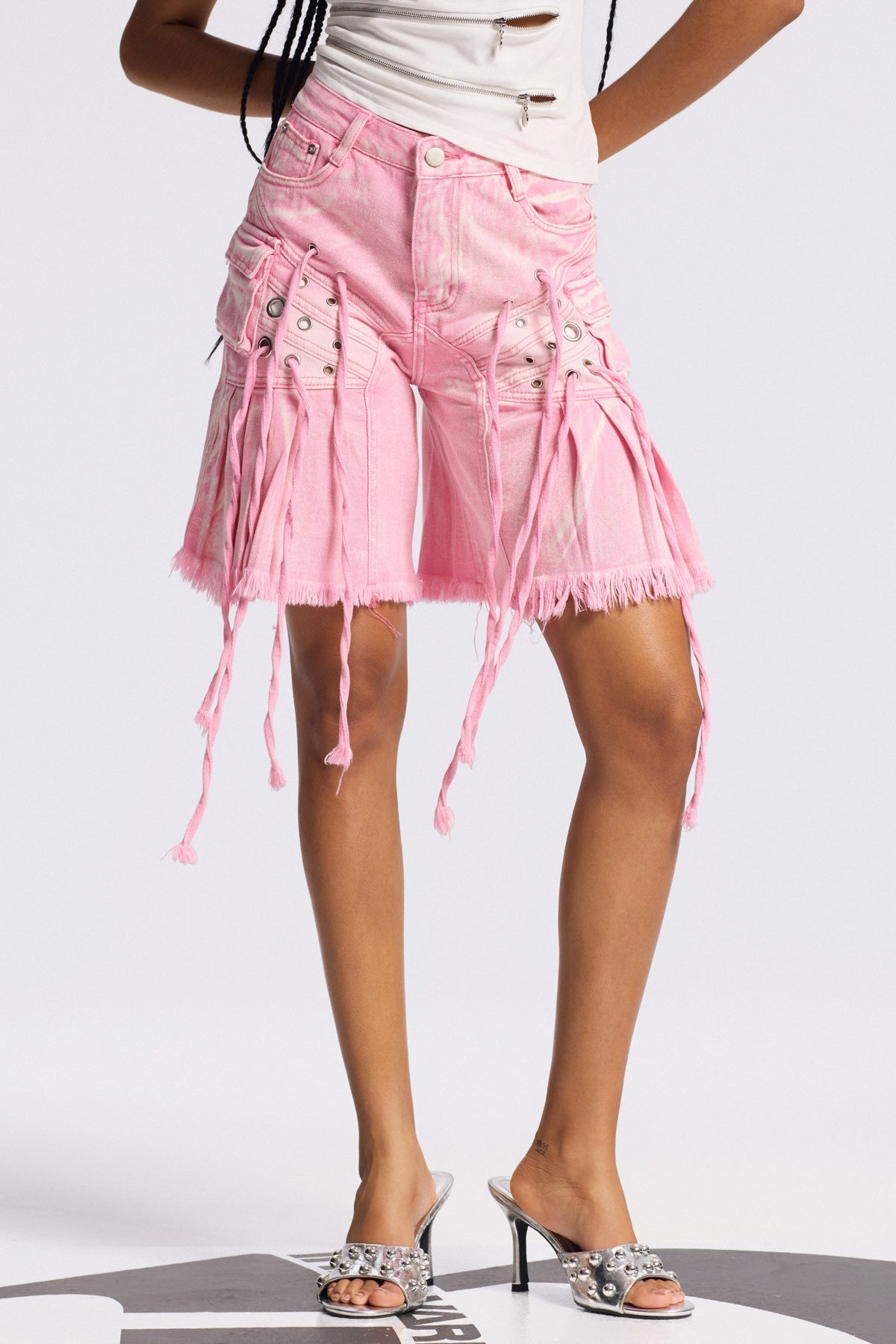 Bile Fringe Ruffle Midi Jeans In Pink
