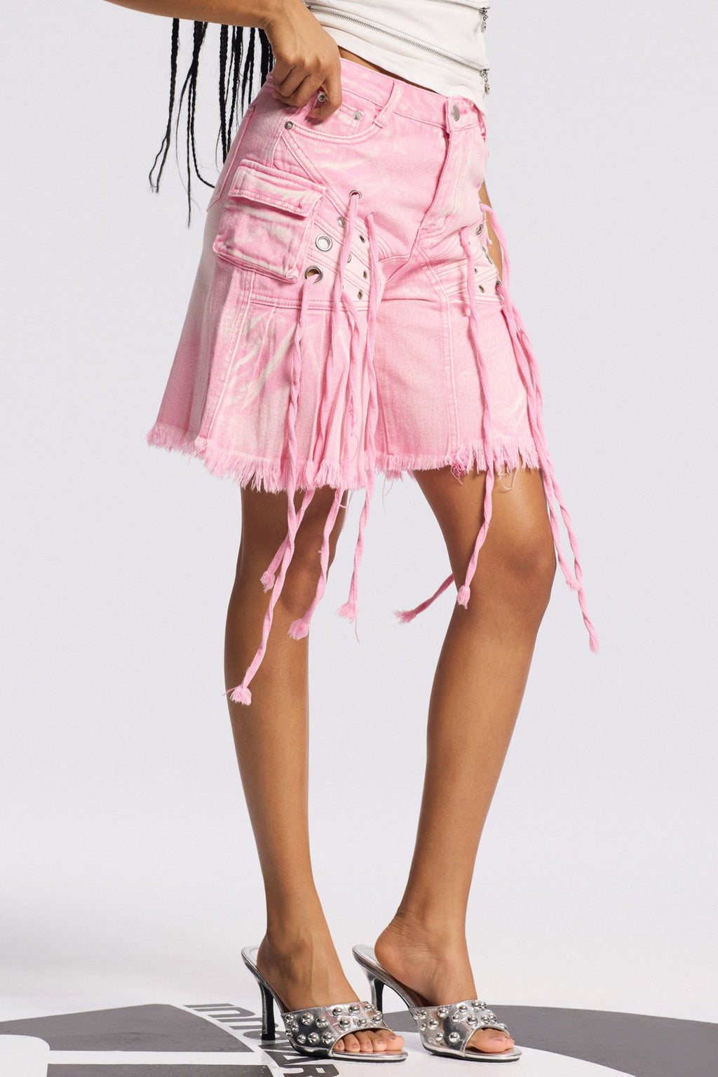 Bile Fringe Ruffle Midi Jeans In Pink