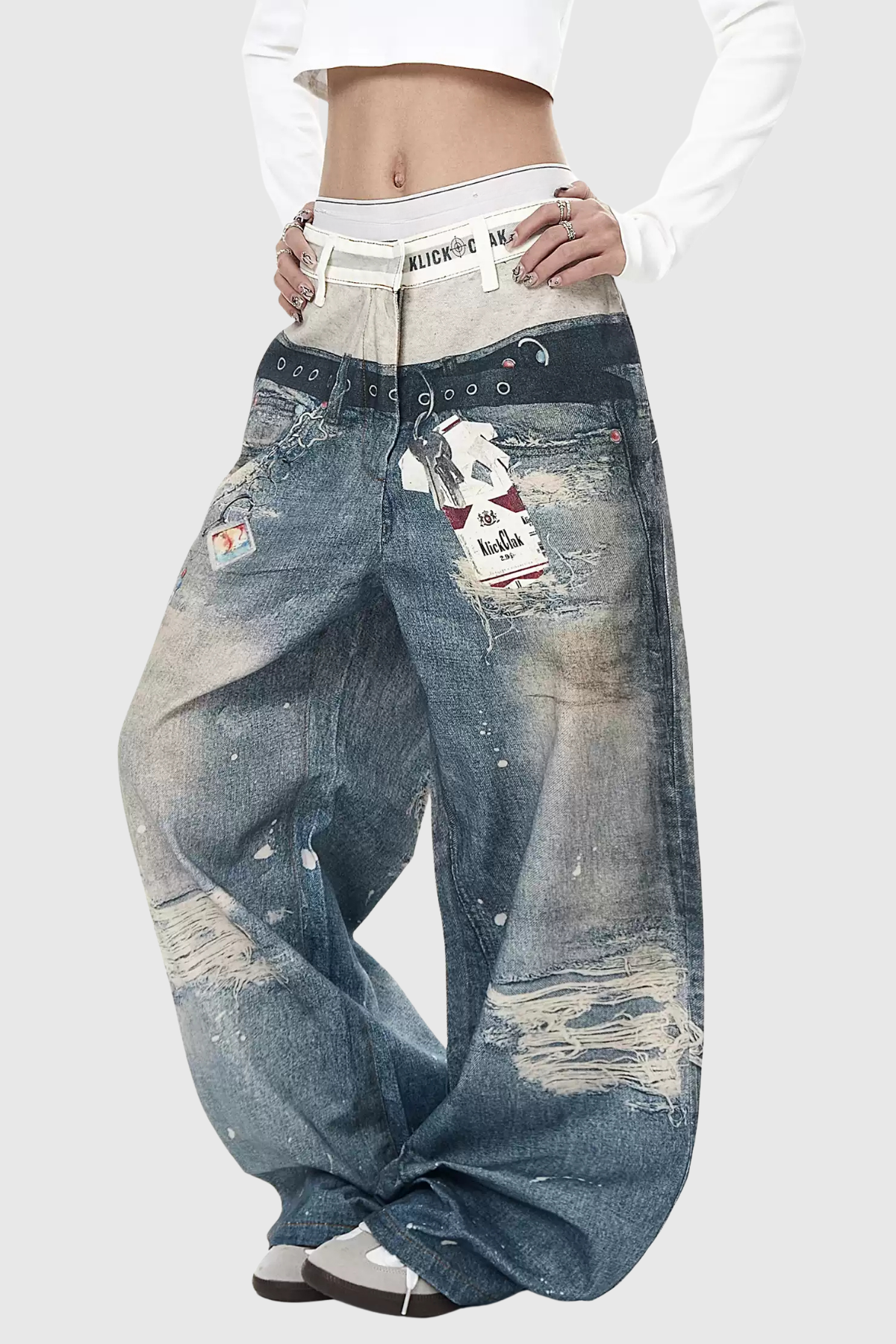 Birdie Deconstruct Print Wide Leg Jeans