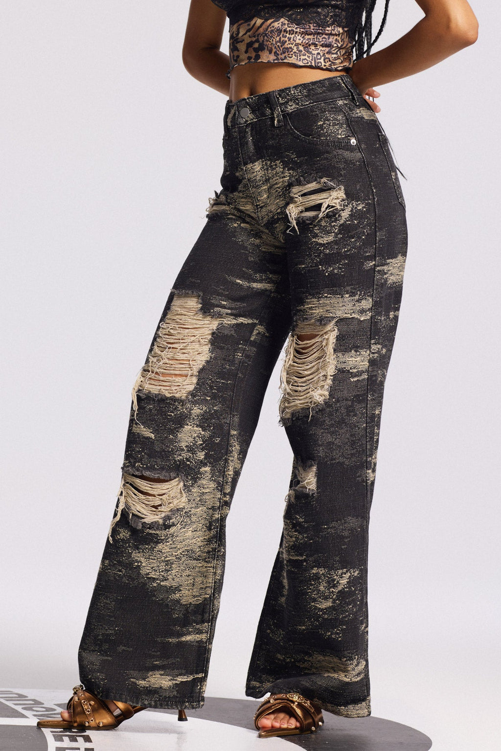 Bistra Tie Dye Ripped Straight Jeans In Black