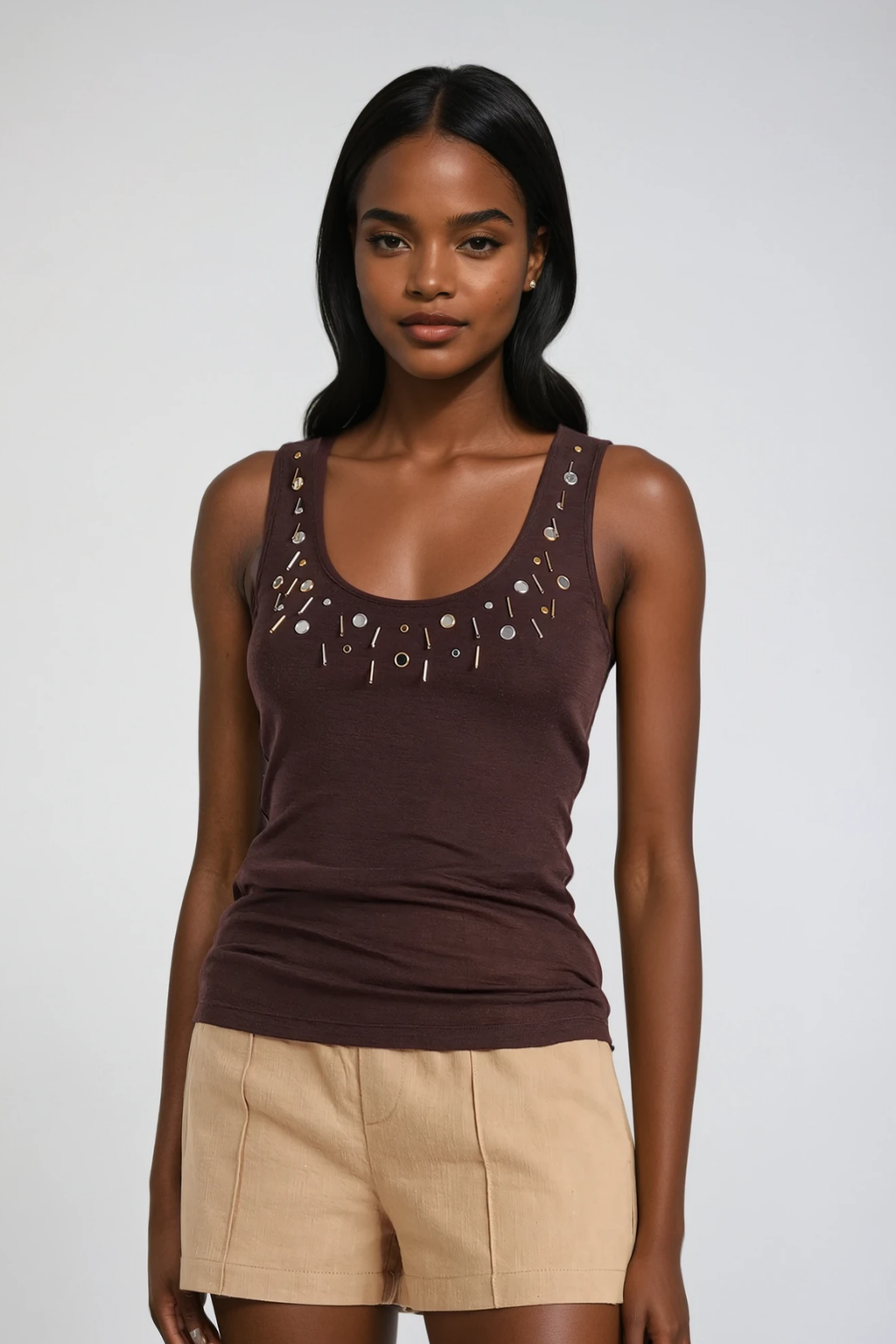 Bjǫrg Embellished Sleeveless Top In Brown