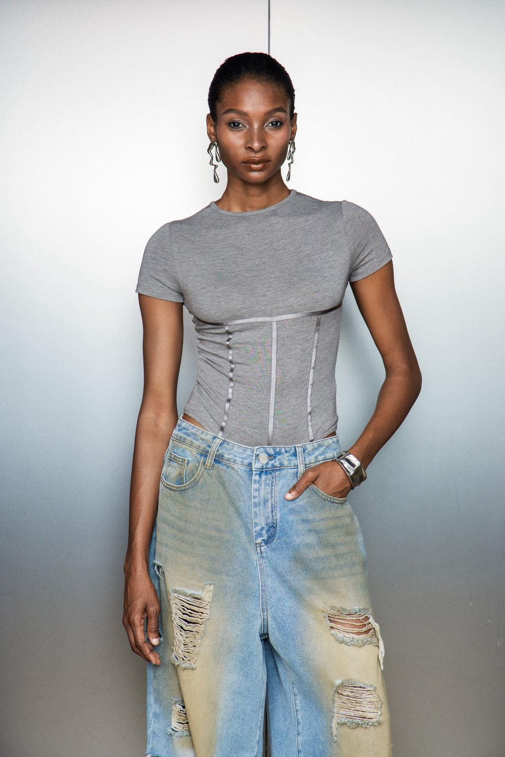 Bjartr Corset Bodysuit In Grey