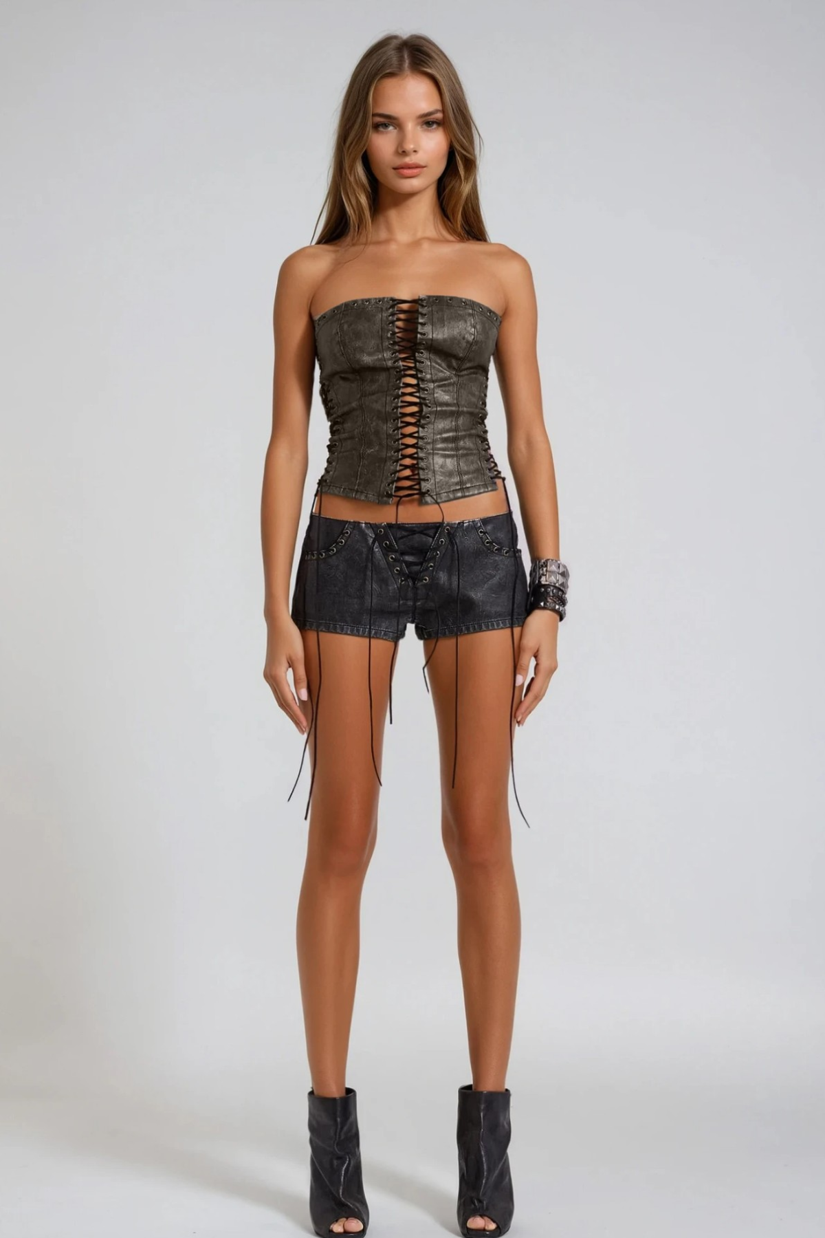 Blaanid Lace Up Strapless Leather Top