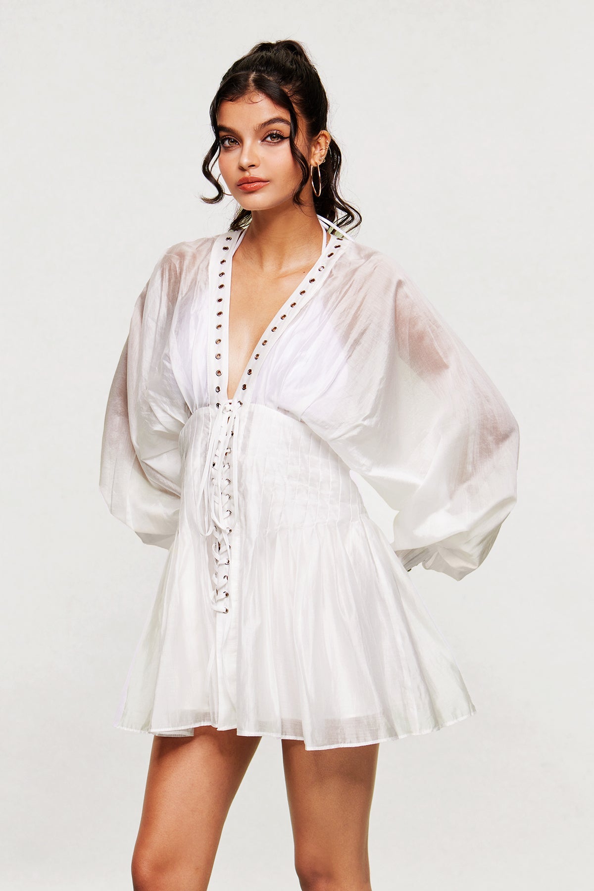 Blagoslav Balloon Sleeve Lace Up Mini Dress