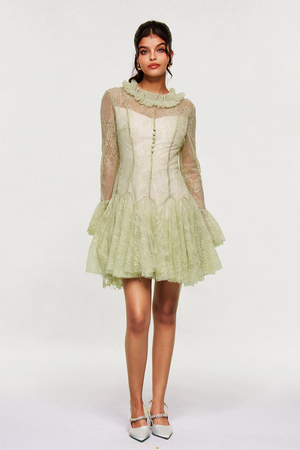 Blanid Lace Embroidered Ruffle Mini Dress In Green