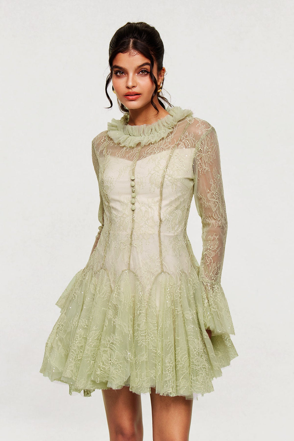 Blanid Lace Embroidered Ruffle Mini Dress In Green