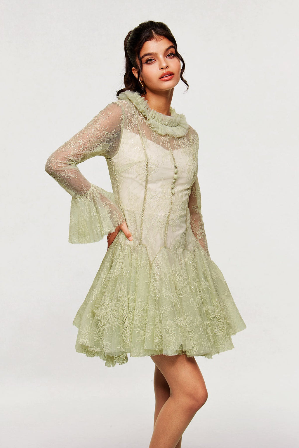 Blanid Lace Embroidered Ruffle Mini Dress In Green