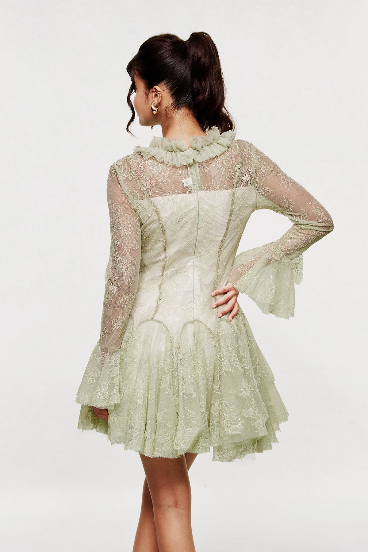 Blanid Lace Embroidered Ruffle Mini Dress In Green