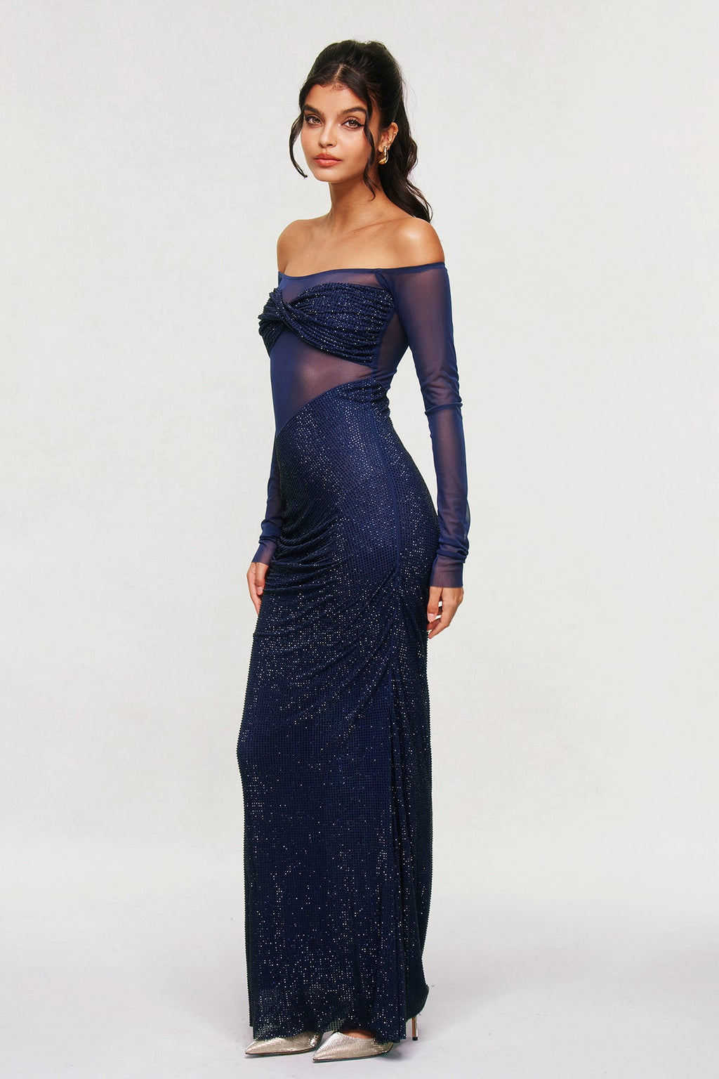 Bleddyn Rhinestone Off Shoulder Maxi Dress