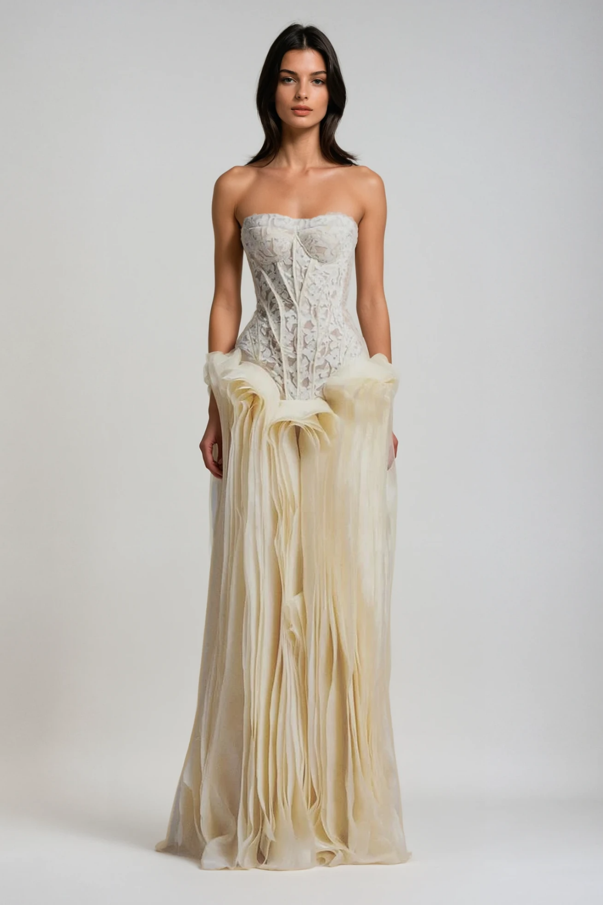 Blerta Strapless Corset Mesh Maxi Dress