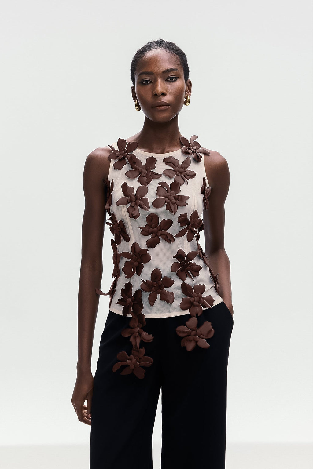 Bohdana Flower Sleeveless Top In Brown