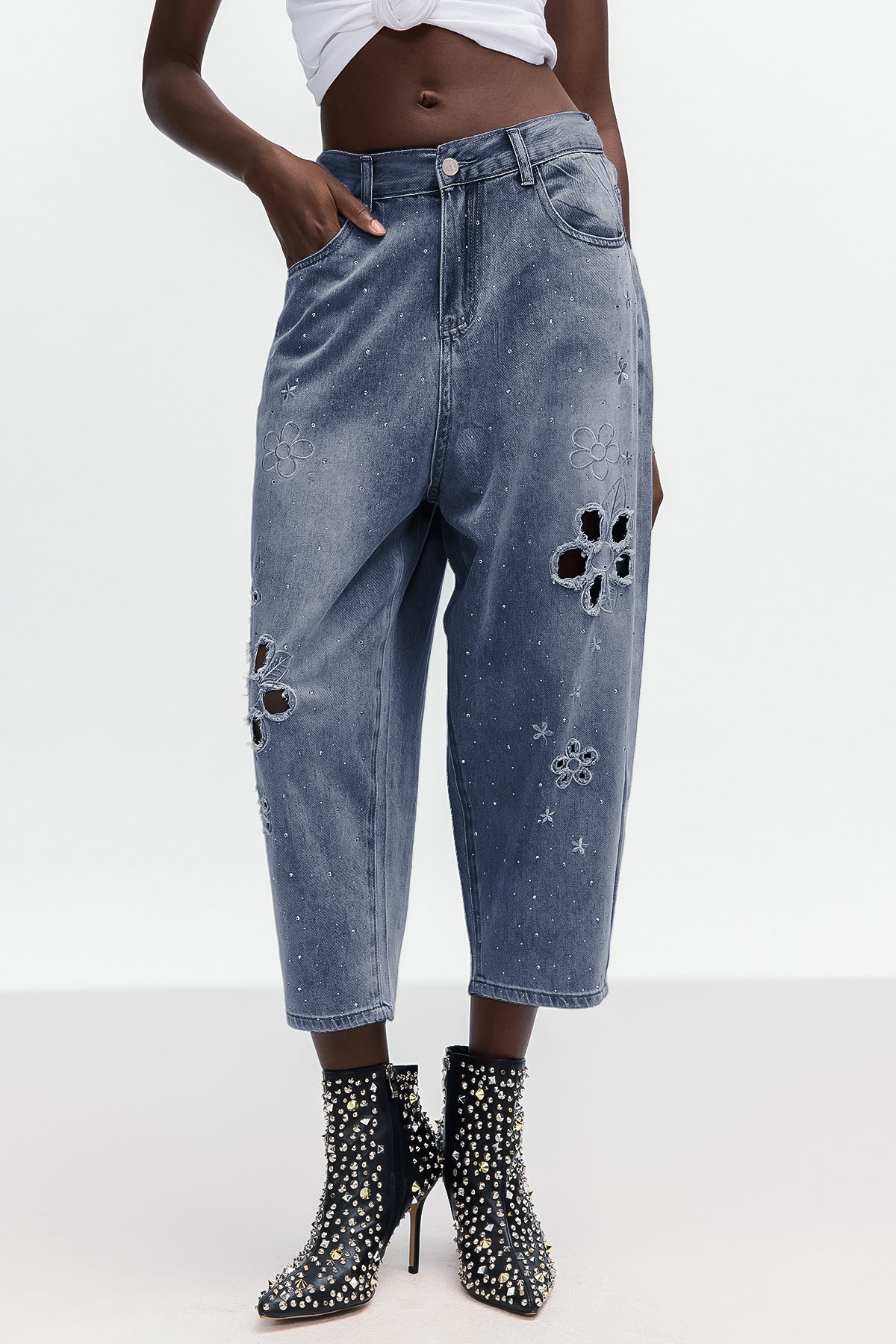 Boitumelo Flower Cutout Jeans In Deep Blue