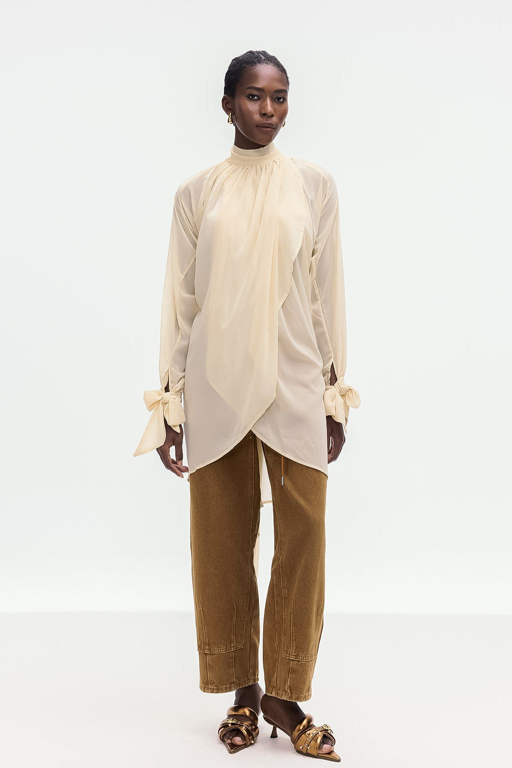 Bolormaa Lace Up Asymmetric Shirt In Apricot